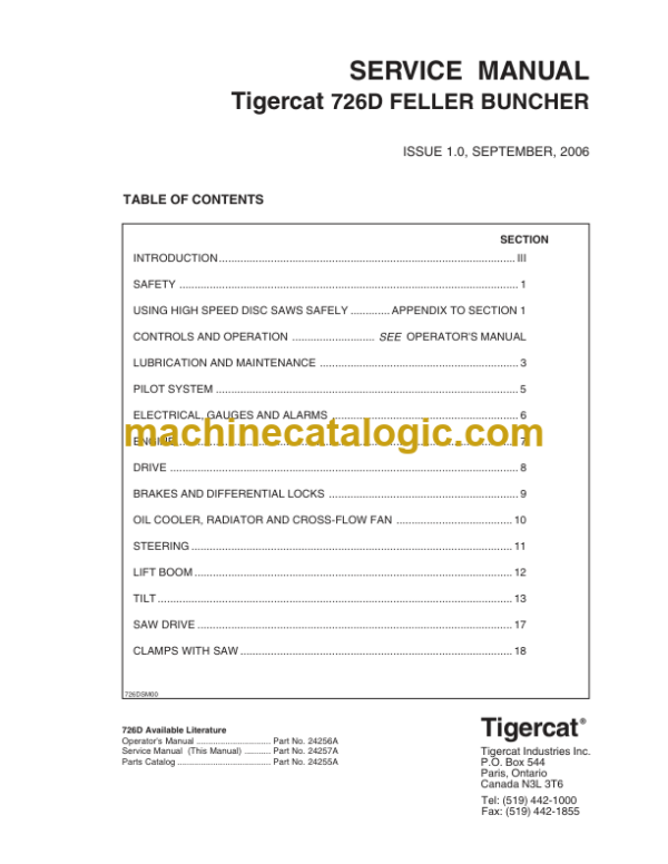 Tigercat 726D Feller Buncher Service Manual (7262001 - 7262499)