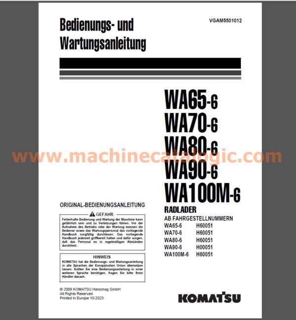 Komatsu WA65-6, WA70-6, WA80-6, WA90-6, WA100M-6 RADLADER Bedienungs- und Wartungsanleitung Deutsch