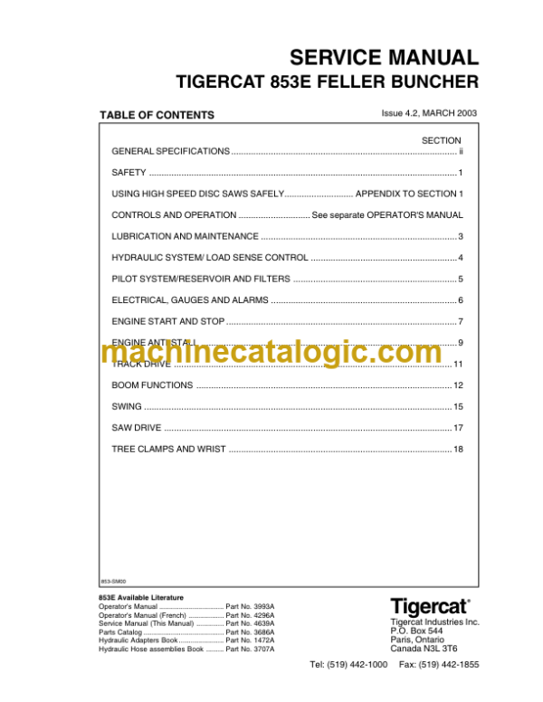 Tigercat 853E Feller Buncher Service Manual (8530101 - 8530450)