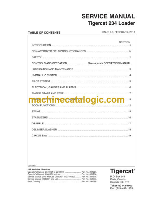 Tigercat 234 Loader Service Manual (2340101 -2342100)