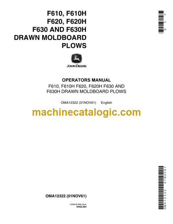 John Deere F610, F610H F620, F620H F630 and F630H Drawn Moldboard Plows Operator's Manual (OMA12322)