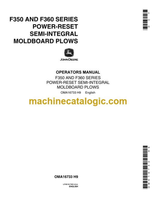 John Deere F350 and F360 Series Power-Reset Semi-İntegral Moldboard Plows Operator's Manual (OMA16733)