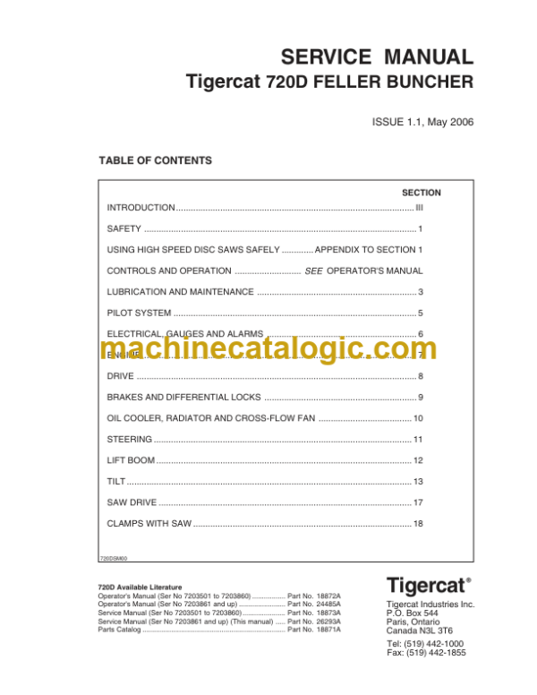 Tigercat 720D Feller Buncher Service Manual (7203861 - 7204400)