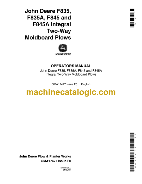 John Deere F835, F835A, F845 and F845A Integral Two-Way Moldboard Plows Operator's Manual (OMA17477)