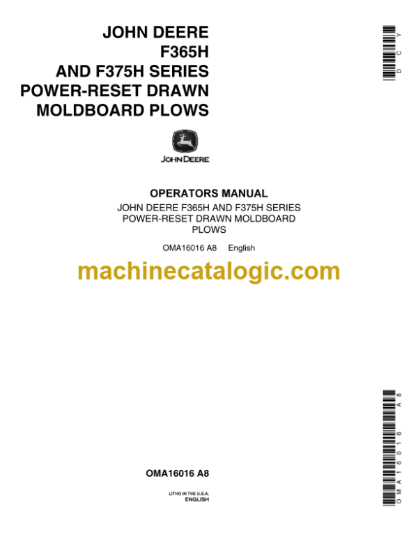 John Deere F365H and F375H Series Power-Reset Drawn Moldboard Plows Operator's Manual (OMA16016)