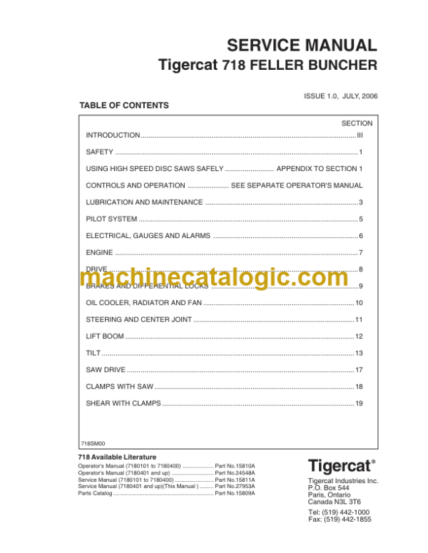 Tigercat 718 Feller Buncher Service Manual (7180401 - 7180900)