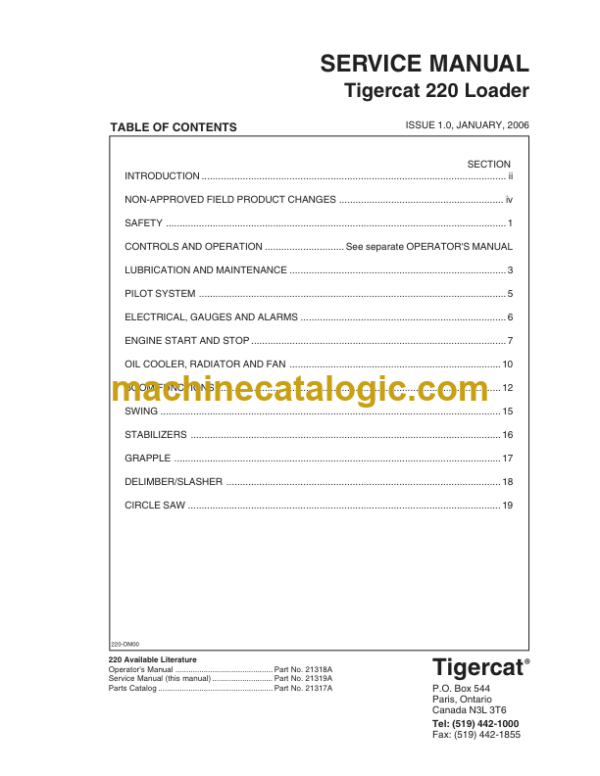 Tigercat 220 Loader Service Manual (2200111 - 2200500)