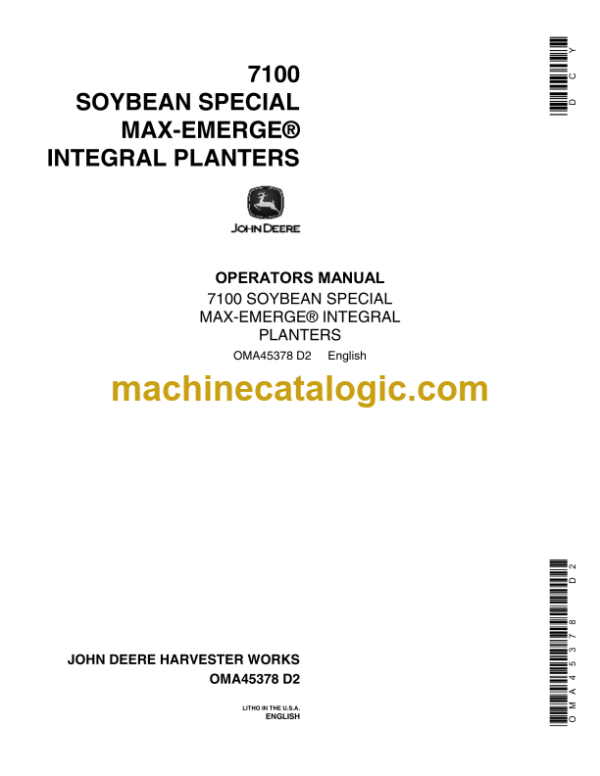 John Deere 7100 Soybean Special Max-Emerge Integral Planters Operator's Manual (OMA45378)