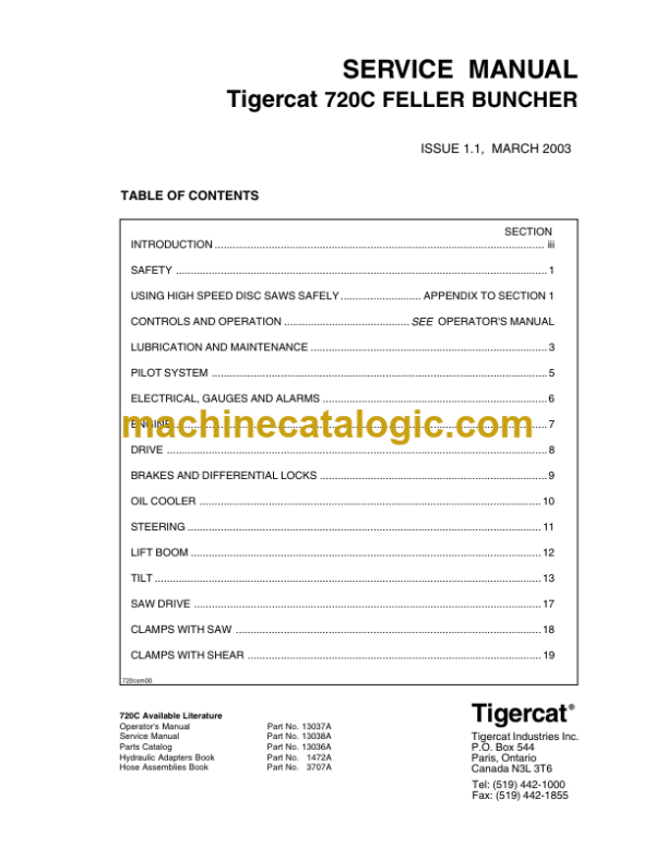 Tigercat 720C Feller Buncher Service Manual (7203001 - 7203499)