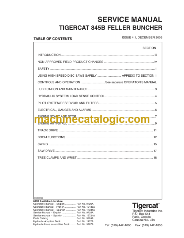 Tigercat 845B Feller Buncher Service Manual (8450501 - 8451499)