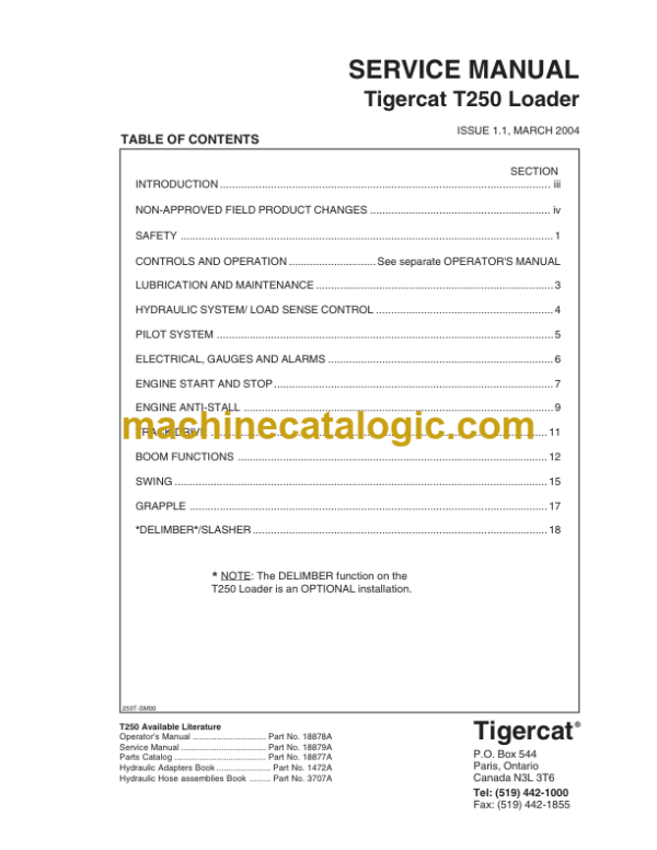 Tigercat T250 Loader Service Manual