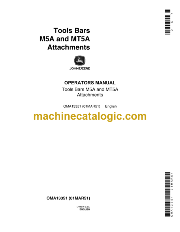 John Deere M5A and MT5A Attachments Tools Bars Operator's Manual (OMA13351)