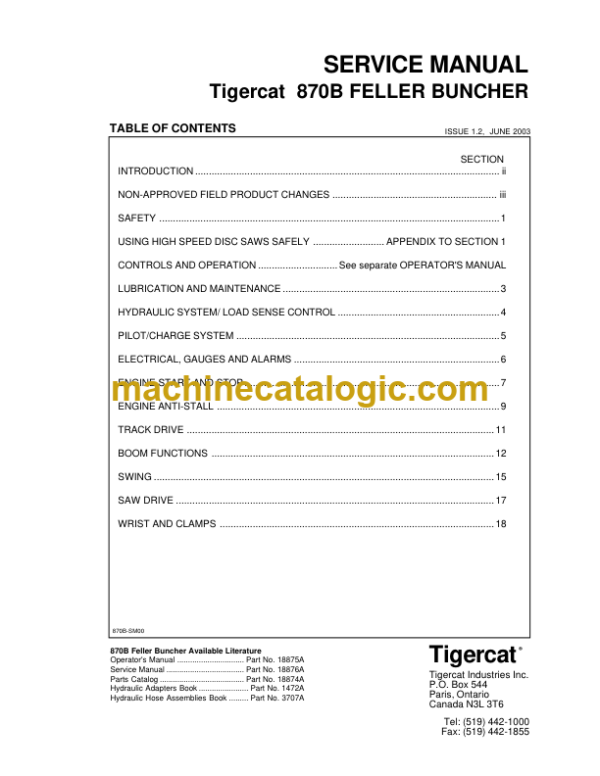 Tigercat 870B Feller Buncher Service Manual (8700501 - 8700999)