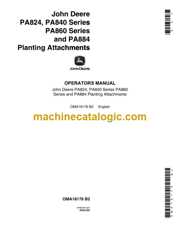 John Deere PA824, PA840 Series PA860 Series and PA884 Planting Attachments Operator's Manual (OMA18176)