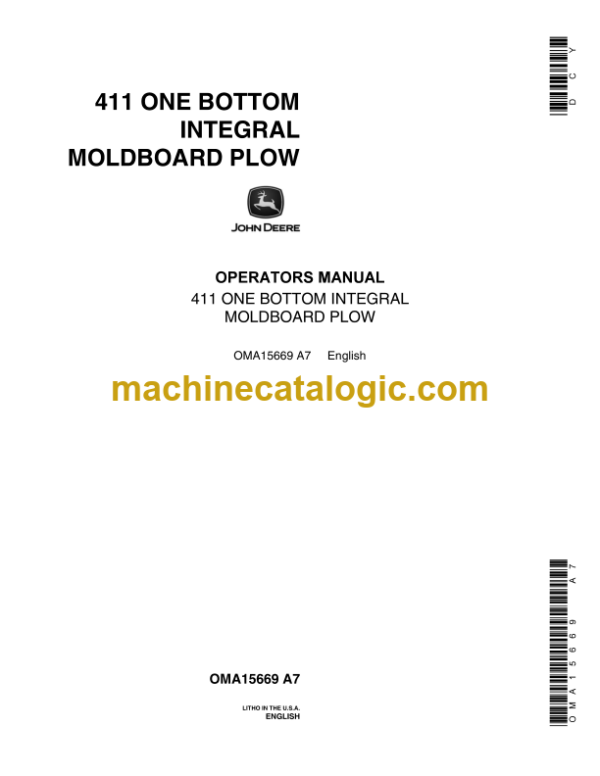 John Deere 411 One Bottom Integral Moldboard Plow Operator's Manual (OMA15669)