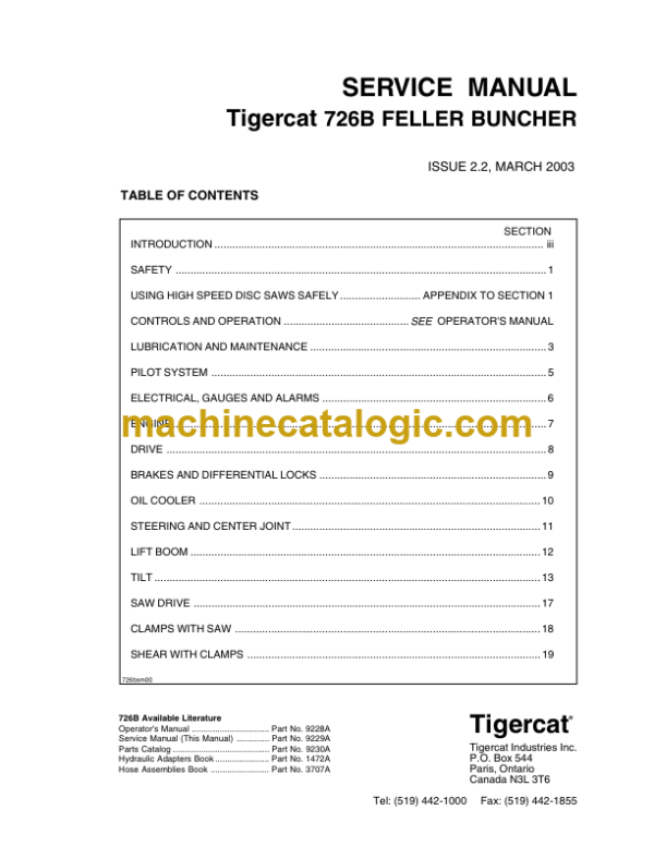 Tigercat 726B Feller Buncher Service Manual (7261001 - 7261999)