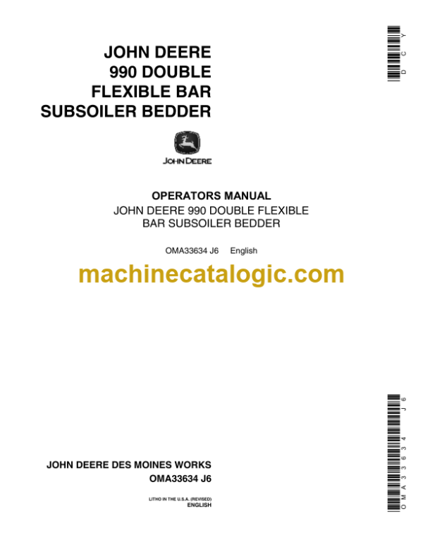 John Deere 990 Double Flexible Bar Subsoiler Bedder Operator's Manual (OMA33634)