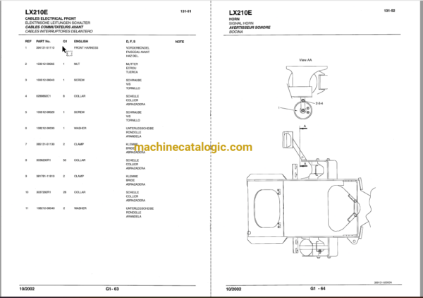 Hitachi LX210E, LX210E-1, LX210E-2 Wheel Loader Full Parts Catalog