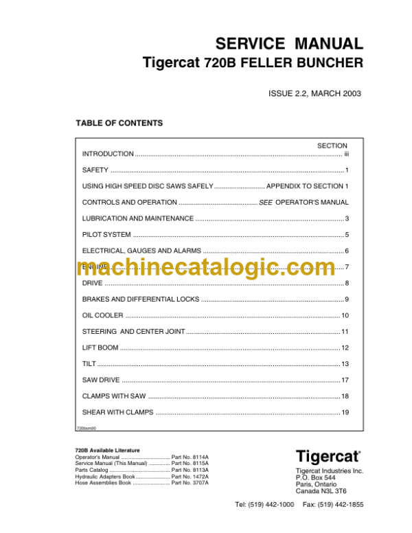 Tigercat 720B Feller Buncher Service Manual (7202001 - 7202999)