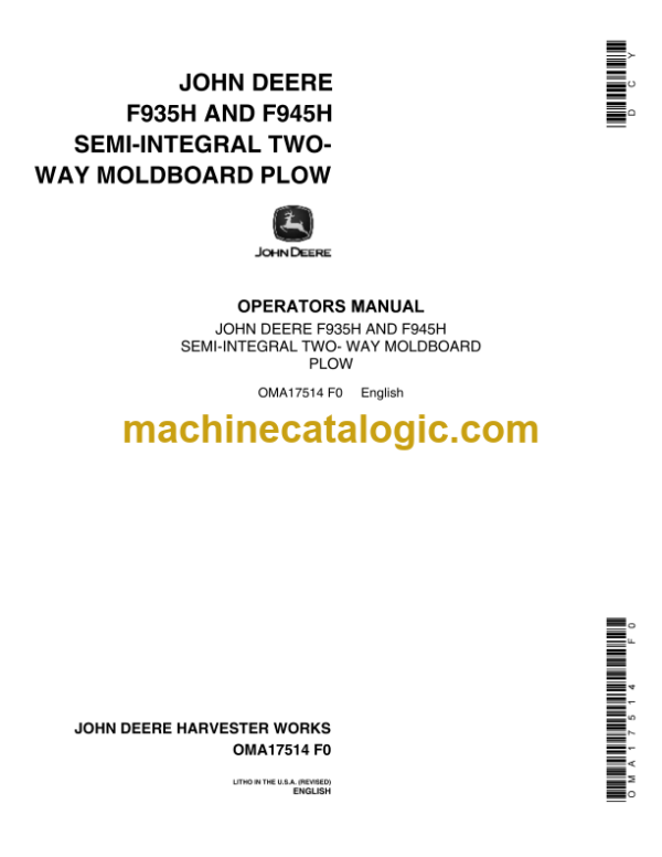 John Deere F935H and F945H Semi-Integral Two-Way Moldboard Plow Operator's Manual (OMA17514)