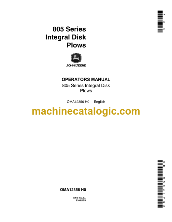 John Deere 805 Series Integral Disk Plows Operator's Manual (OMA12356)