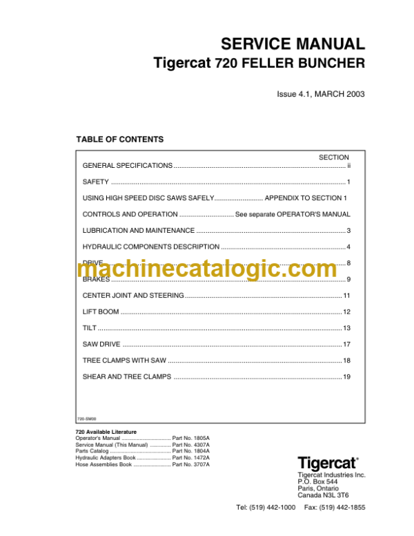 Tigercat 720 Feller Buncher Service Manual (7200101 - 7201660)