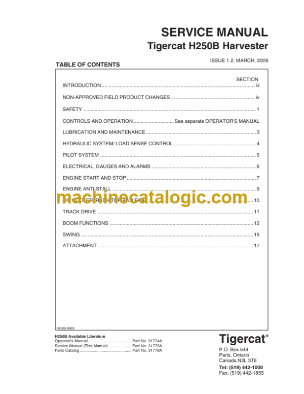 Tigercat H250B Harvester Service Manual (250H0101 - 250H2000)