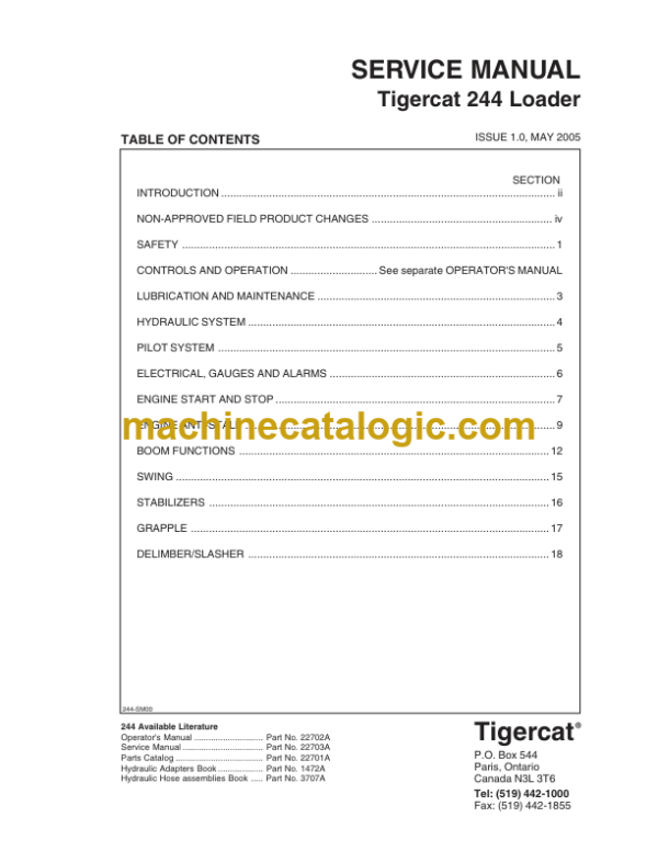 Tigercat 244 Loader Service Manual (2440111 - 2440500)