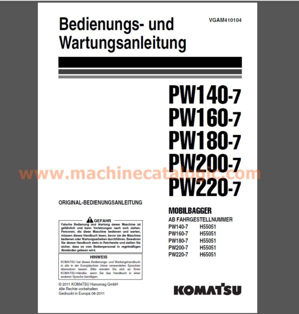 Komatsu PW140-7, PW160-7, PW180-7, PW200-7, PW220-7 MOBILBAGGER Bedienungs- und Wartungsanleitung Deutsch