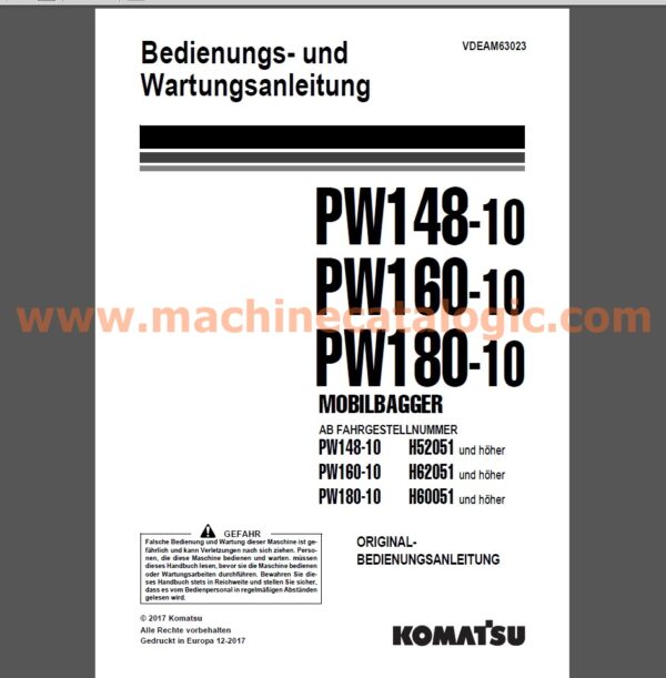 Komatsu PW148-10, PW160-10, PW180-10 MOBILEBAGGER Bedienungs- und Wartungsanleitung Deutsch