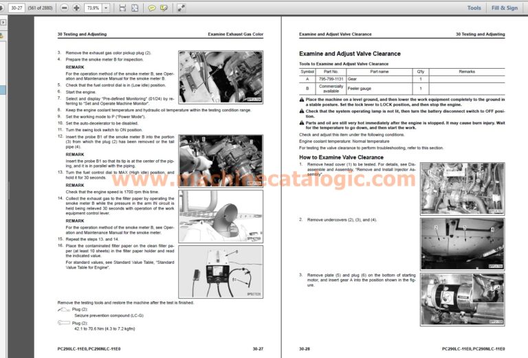 Komatsu PC290-11E0, PC290LC-11E0, PC290NLC-11E0 Excavator Shop Manual Index