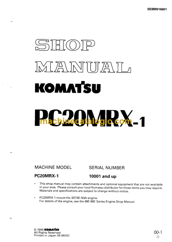 Komatsu PC20MRX-1 Hydraulic Excavator Shop Manual (SEBM016601)