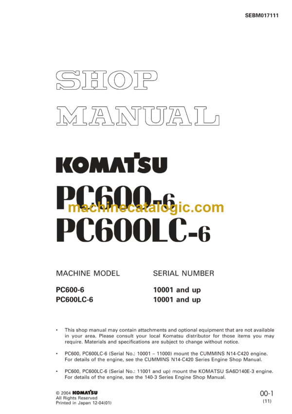 Komatsu PC600-6 PC600LC-6 Hydraulic Excavator Shop Manual (SEBM017111)