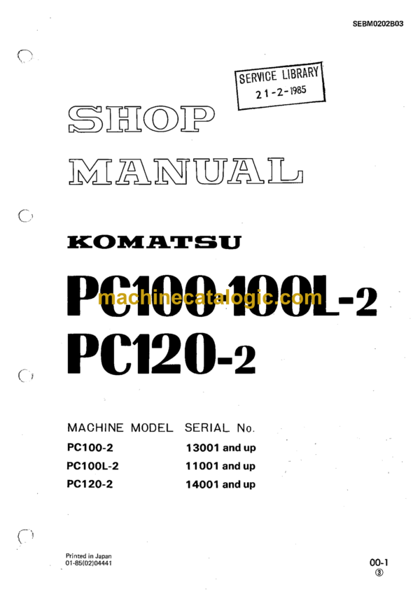 Komatsu PC100-2 PC100L-2 PC120-2 Hydraulic Excavator Shop Manual (SEBM0202B03)