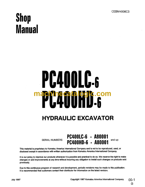 Komatsu PC400LC-6 PC400HD-6 Hydraulic Excavator Shop Manual (CEBM4006C3)