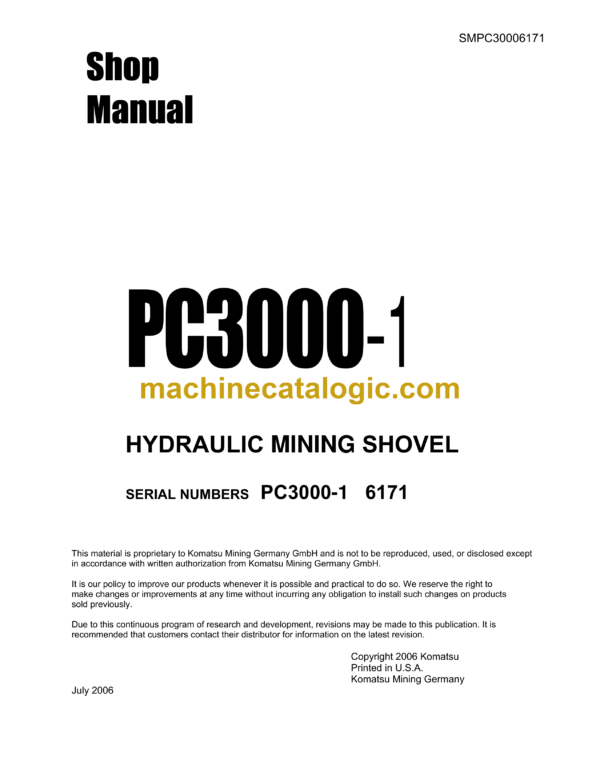 Komatsu PC3000-1 Hydraulic Mining Shovel Shop Manual (SMPC30006171)