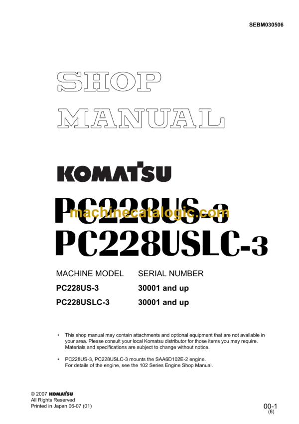 Komatsu PC228US-3 PC228USLC-3 Hydraulic Excavator Shop Manual (SEBM030506)