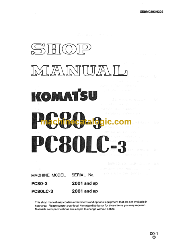 Komatsu PC80-3 PC80LC-3 Hydraulic Excavator Shop Manual (SEBM020X0302)