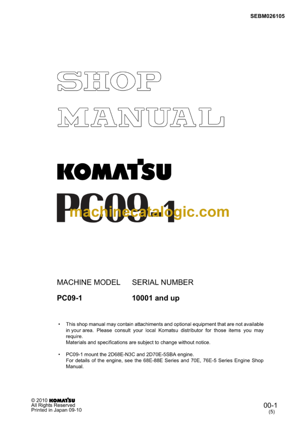 Komatsu PC09-1 Hydraulic Excavator Shop Manual (SEBM026105)