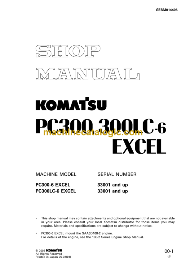 Komatsu PC300 PC300LC-6 Excel Hydraulic Excavator Shop Manual (SEBM014406)