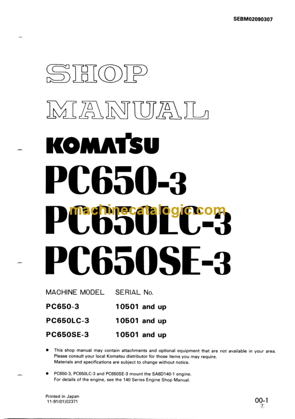 Komatsu PC650-3 PC650LC-3 PC650SE-3 Hydraulic Excavator Shop Manual (SEBM02090307)