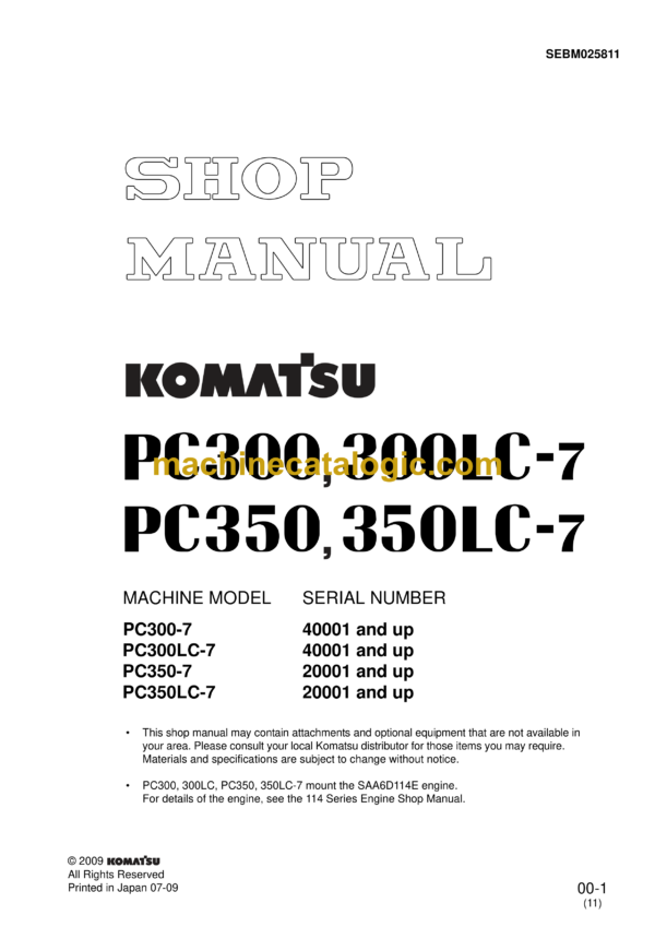 Komatsu PC300 PC300LC-7 PC350 PC350LC-7 Hydraulic Excavator Shop Manual (SEBM025811)