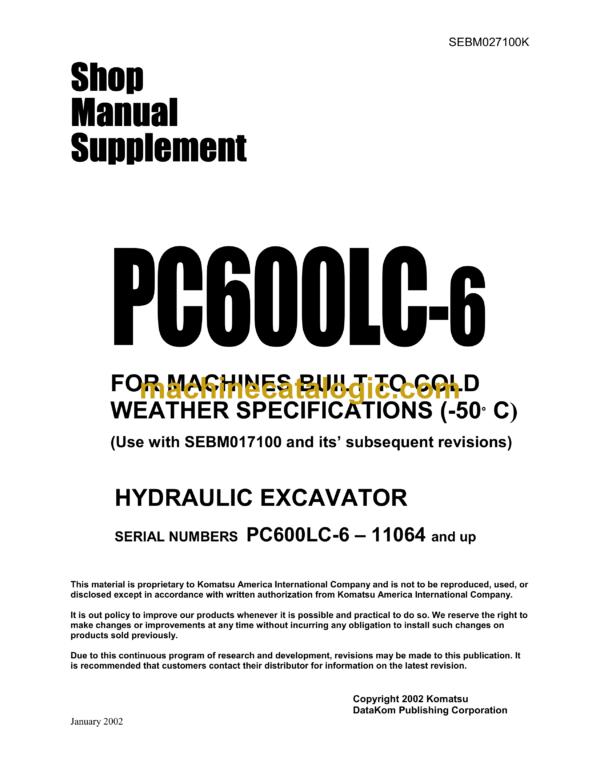 Komatsu PC600LC-6 Hydraulic Excavator Shop Manual (SEBM027100K)