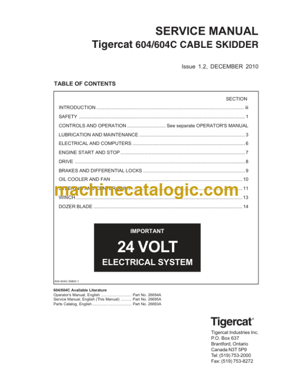 Tigercat 604C Skidder Service Manual (6040201 - 6041000) (26695A)