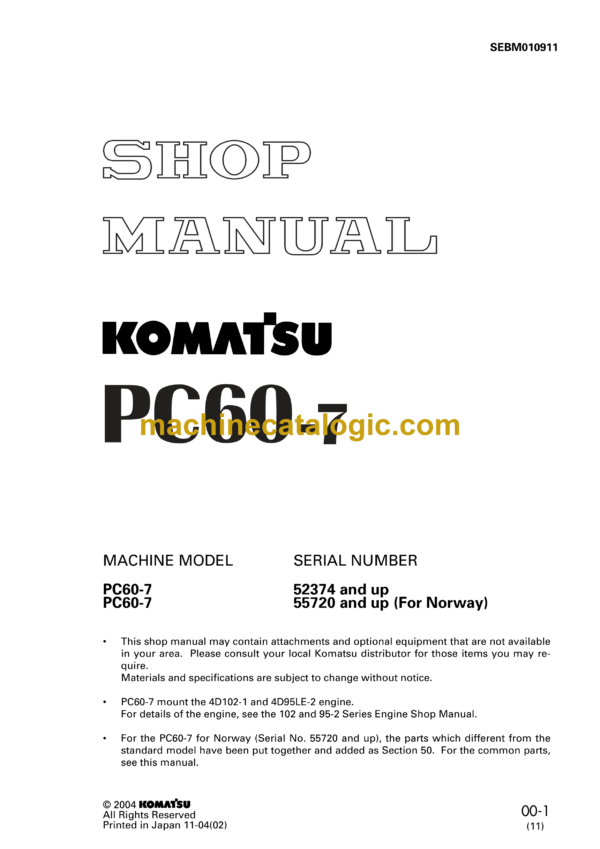 Komatsu PC60-7 Hydraulic Excavator Shop Manual (SEBM010911)