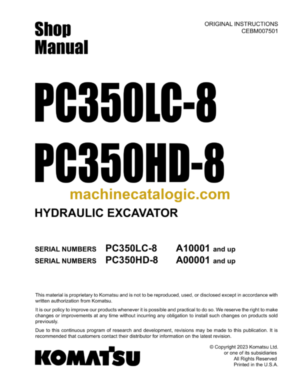 Komatsu PC350LC-8 PC350HD-8 Hydraulic Excavator Shop Manual (CEBM007501)