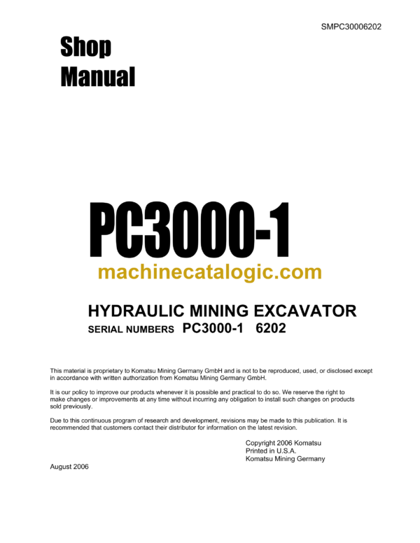 Komatsu PC3000-1 Hydraulic Excavator Shop Manual (SMPC30006202)