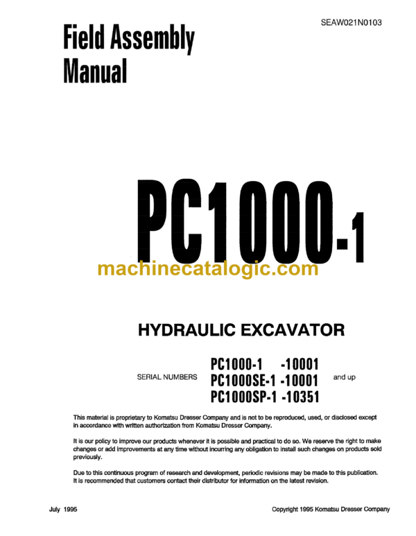 Komatsu PC1000-1 Hydraulic Excavator Field Assembly Manual (SEAW021N0103)