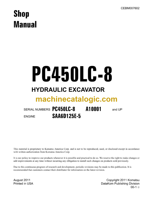 Komatsu PC450LC-8 Hydraulic Excavator Shop Manual (CEBM007602)