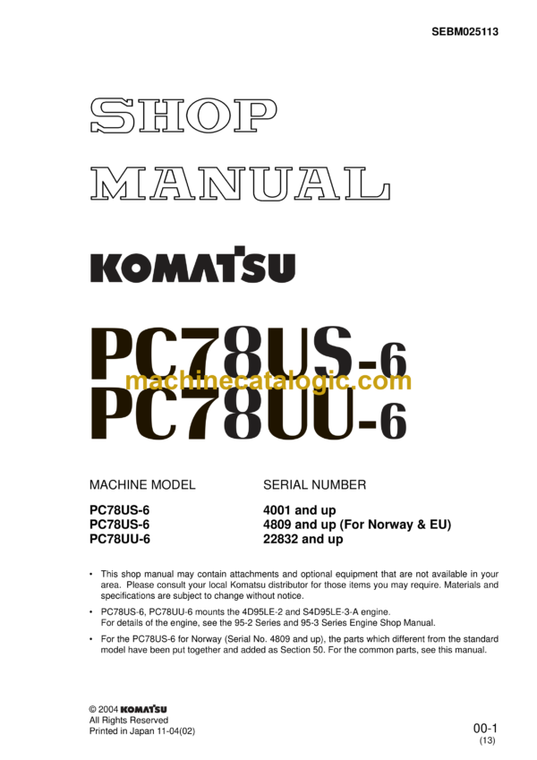 Komatsu PC78US-6, PC78UU-6 Hydraulic Excavator Shop Manual (SEBM025113) Komatsu PC78US-6, PC78UU-6 Hydraulic Excavator Index: